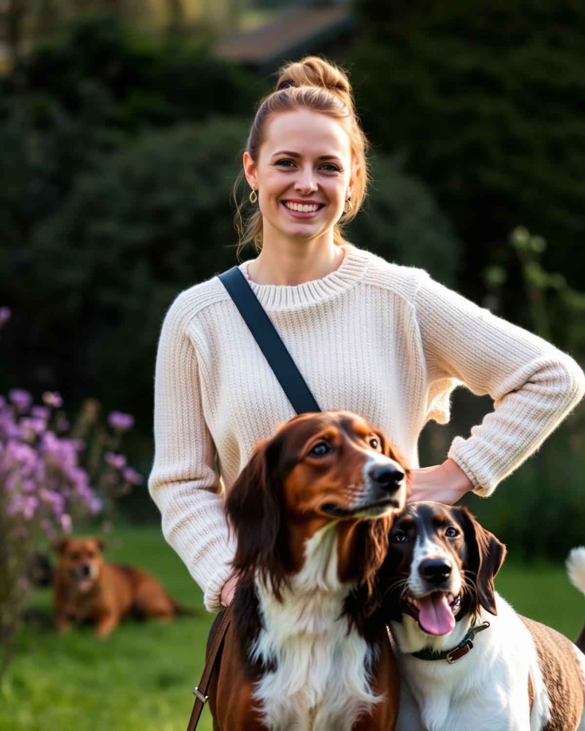 The founder of Little Valley Paws with two of her dogs in a Welsh countryside garden