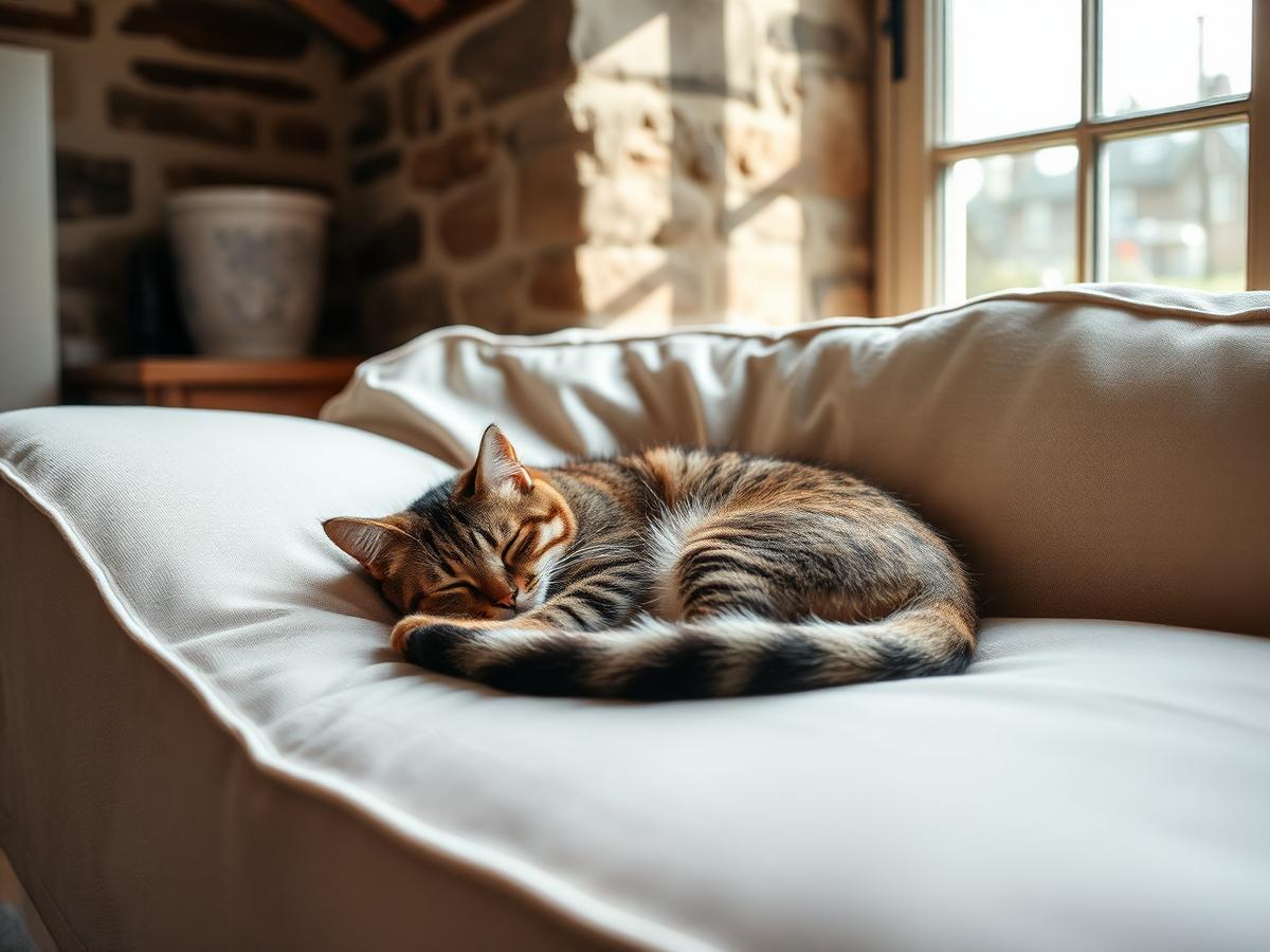 A tabby cat asleep on a linen sofa