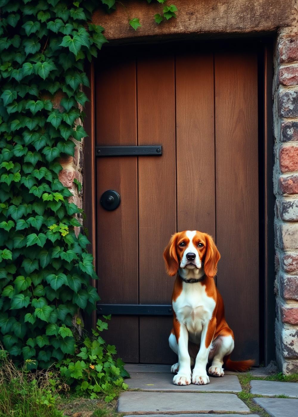 A spaniel by an ivy-covered cottage door
