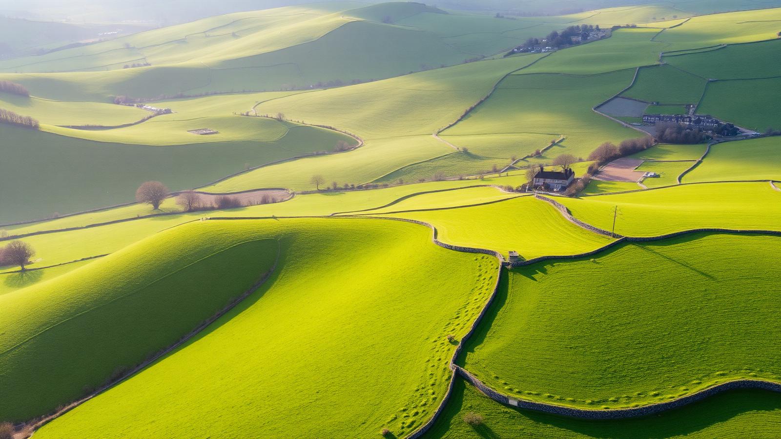 Aerial view of the rolling green hills of South Wales