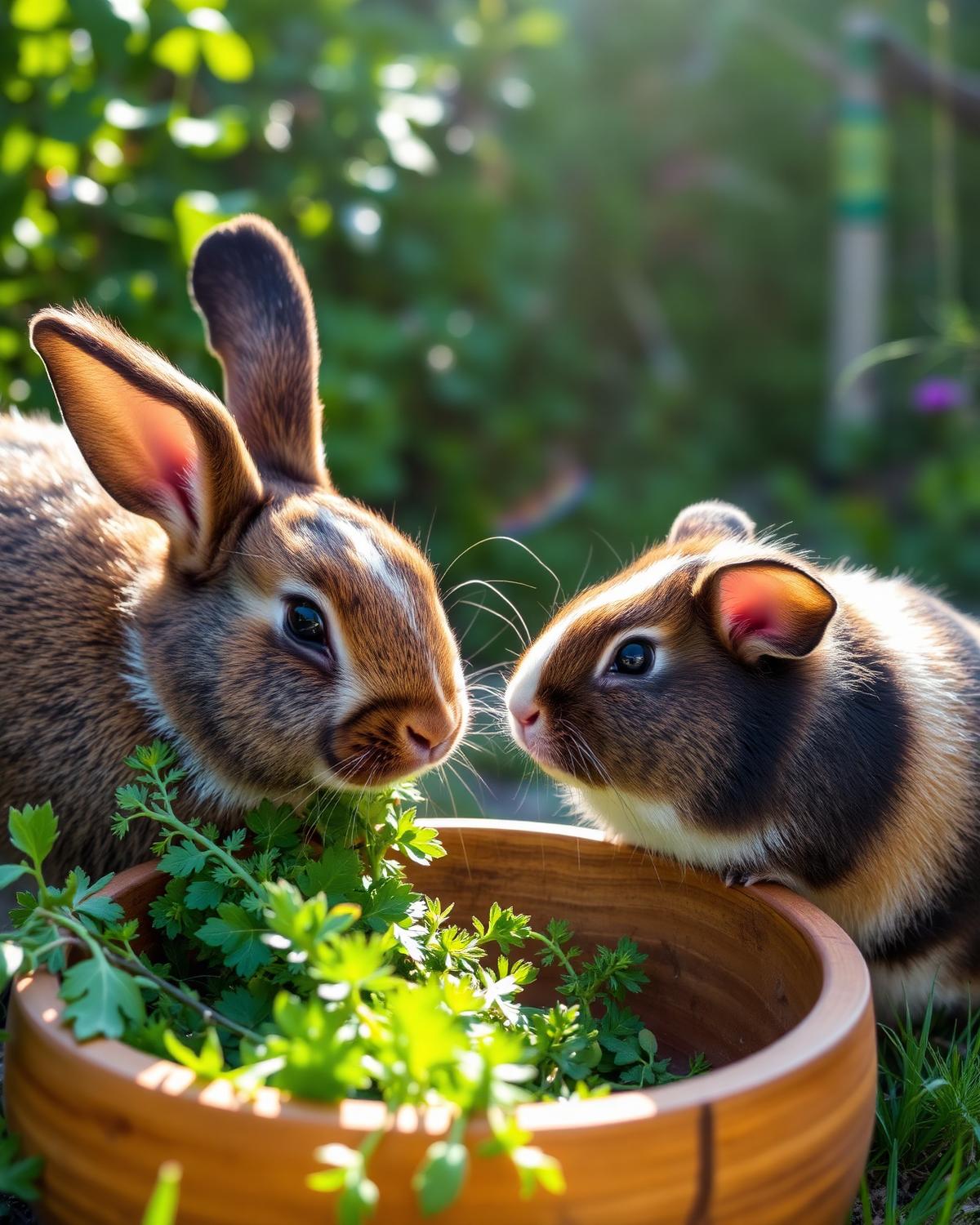A rabbit and a guinea pig eating herbs