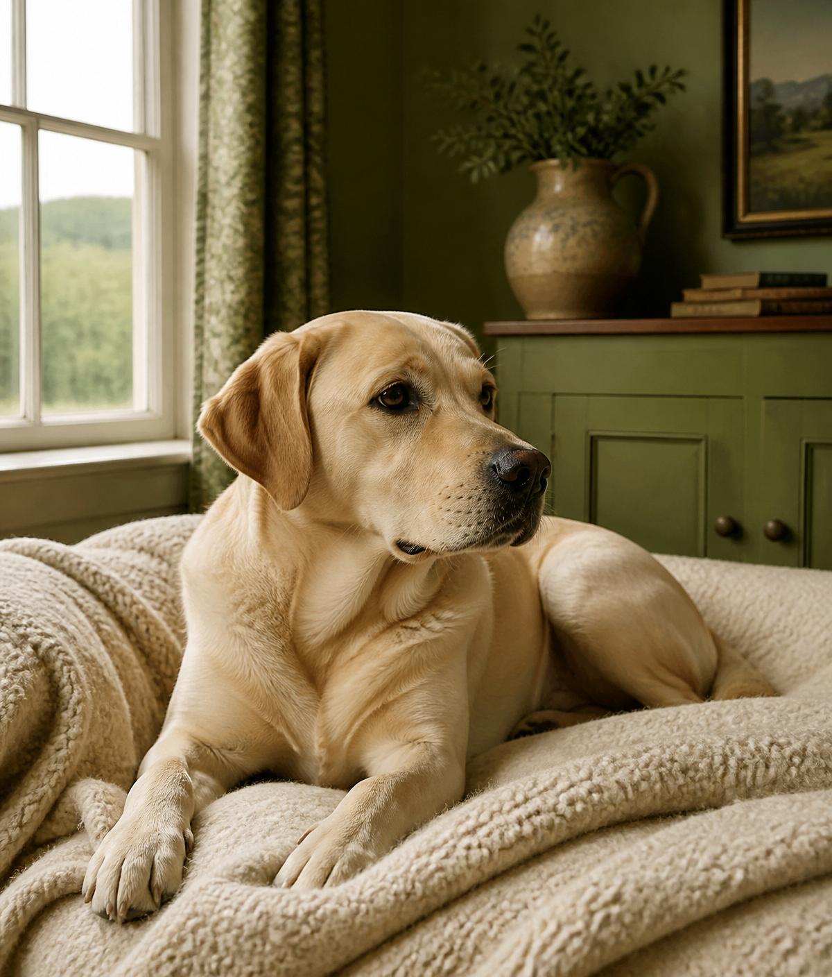 A calm labrador resting in a countryside cottage