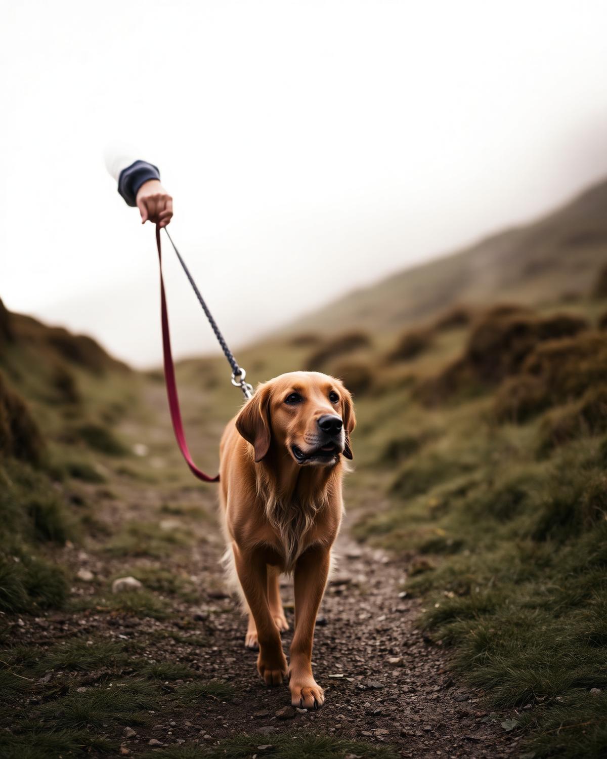 Golden retriever walking on a hillside path